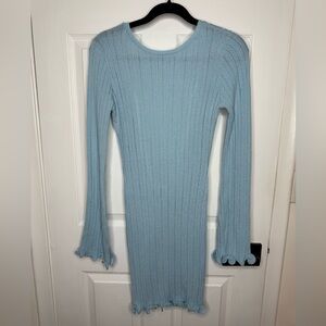 Blue Ribbed Bodycon Dress with Bell Sleeves